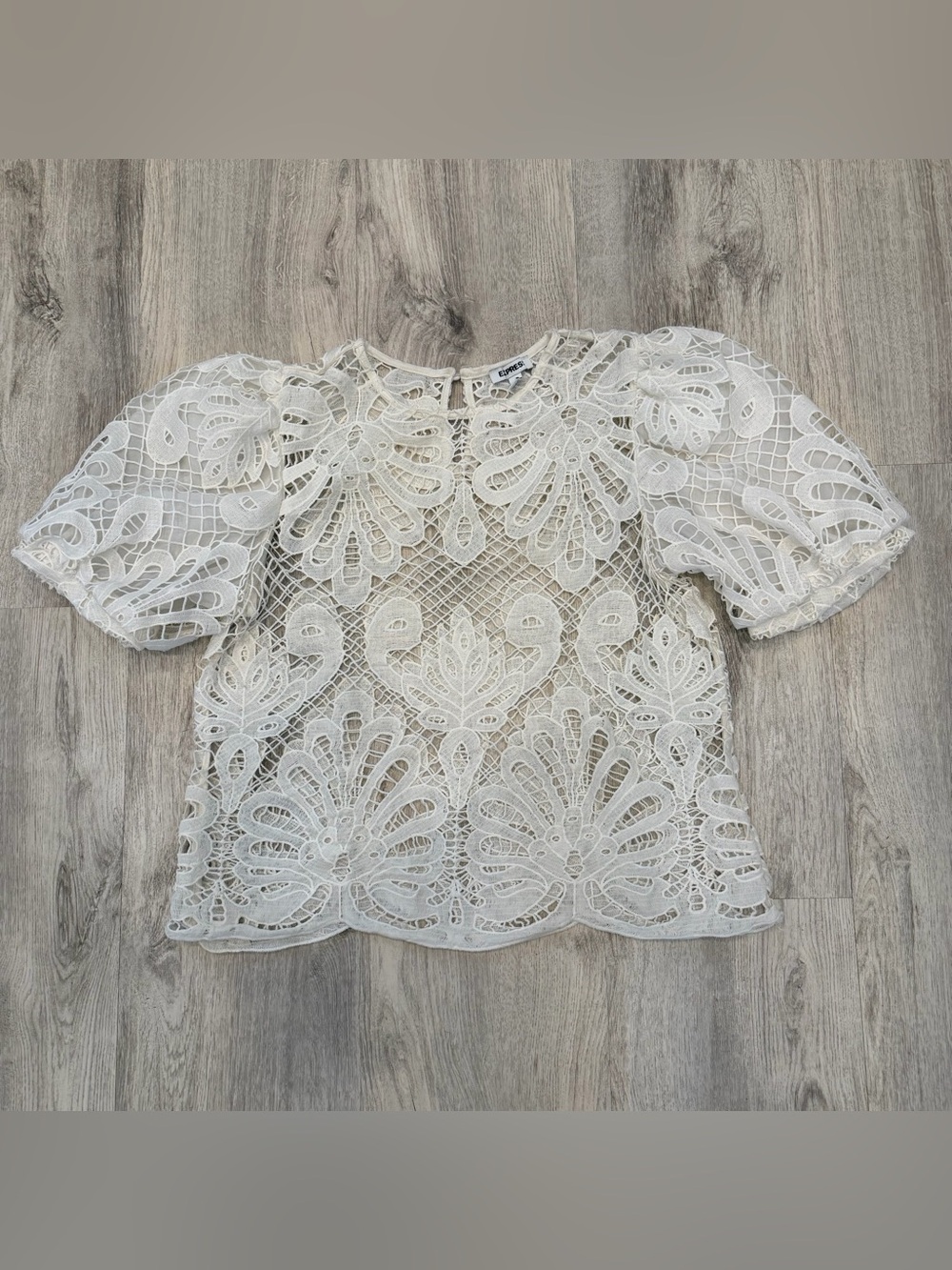 Express Lace Crochet Puff Sleeve Top White Ivory Size Large Boho Romantic